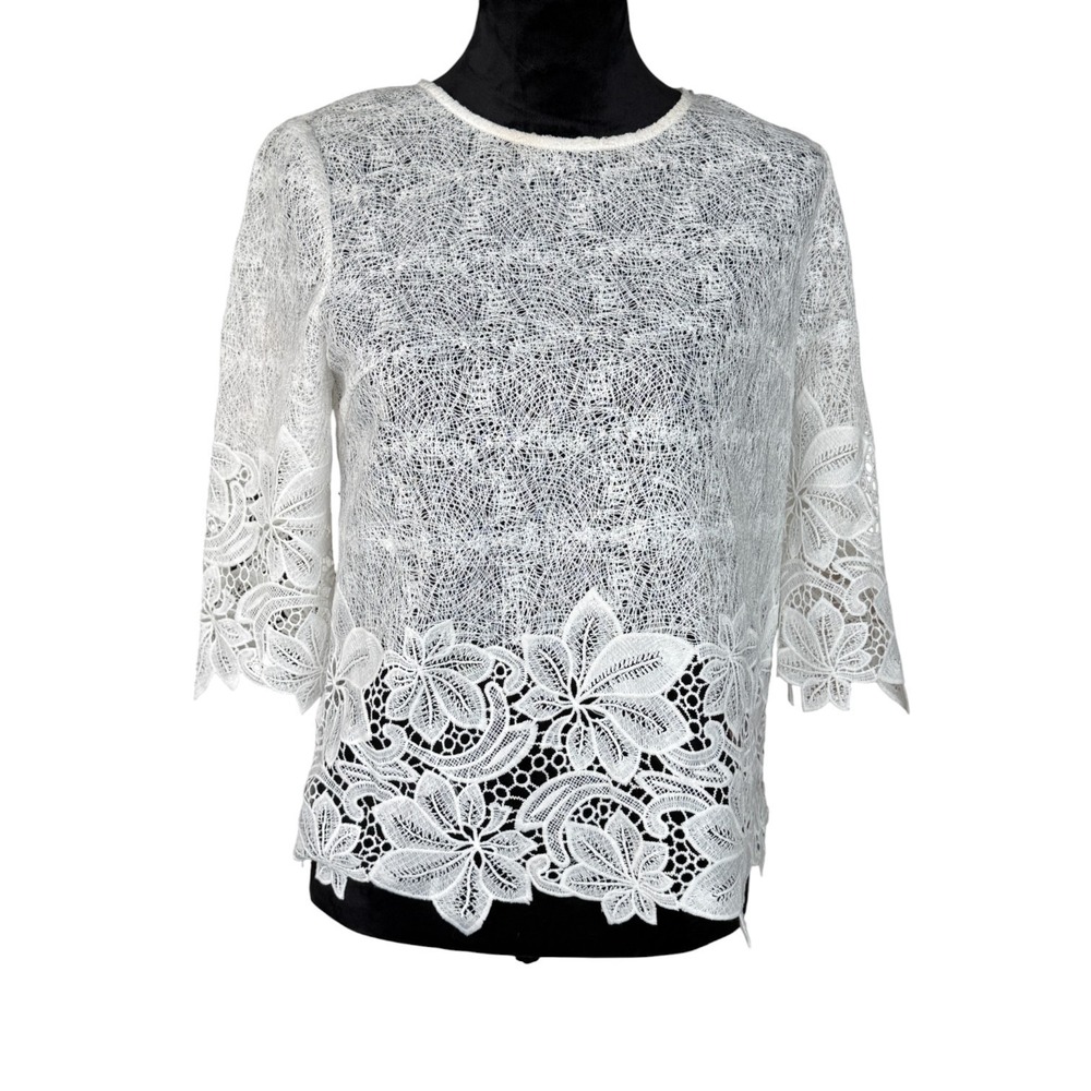 Esley Women's White Mesh Embroidered Boho Fairy Cottagecore‎ Top Sz S